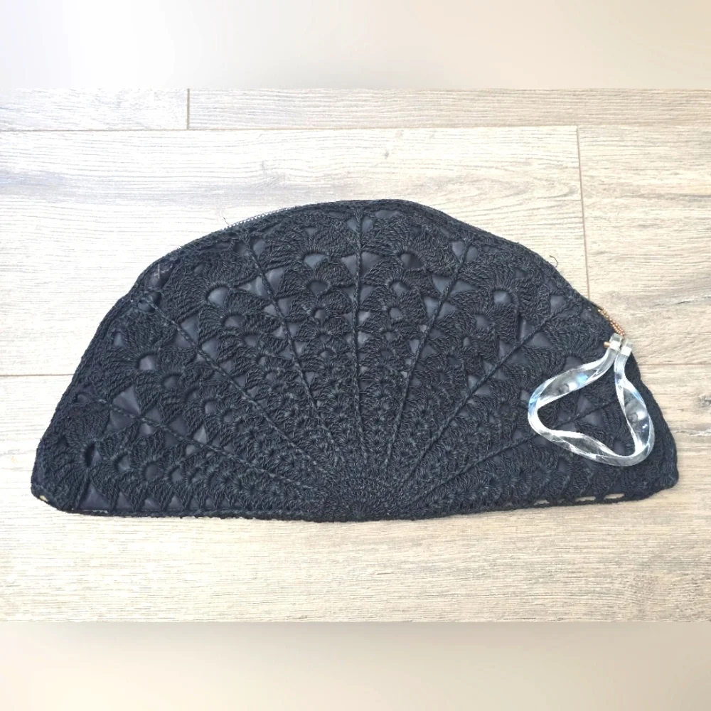 Vintage 1940's Large Half Moon Corded Clutch Purse Crochet Carved Lucite Pull - Picture 1 of 7